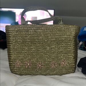Green Woven Tote Bag with Pink Accents